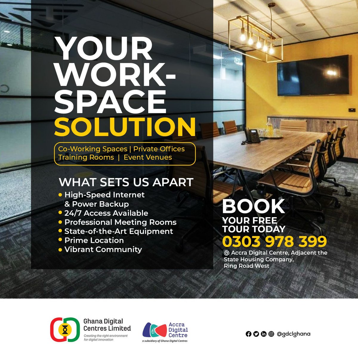 gdclghana's tweet photo. Upgrade your work environment 

From co-working spaces to private offices, training rooms &amp; event venues ,find a workspace built for productivity and growth.

High-speed internet  24/7 access  vibrant community 

Book your FREE tour today 
#WorkspaceSolution #CoWorkingGH https://t.co/cIznvv7gsi