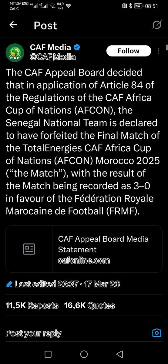 What is happening in African football.

Senegal gets stripped of their AFCON Cup

Pirates DDC gets 3 points &amp; 3 goals at the expense of Polokwane City to go 3 points clear of Sundowns at the top of the log🤔

#Afcon #DDC #pirates #Senegal #Morocco #DiskiChallenge