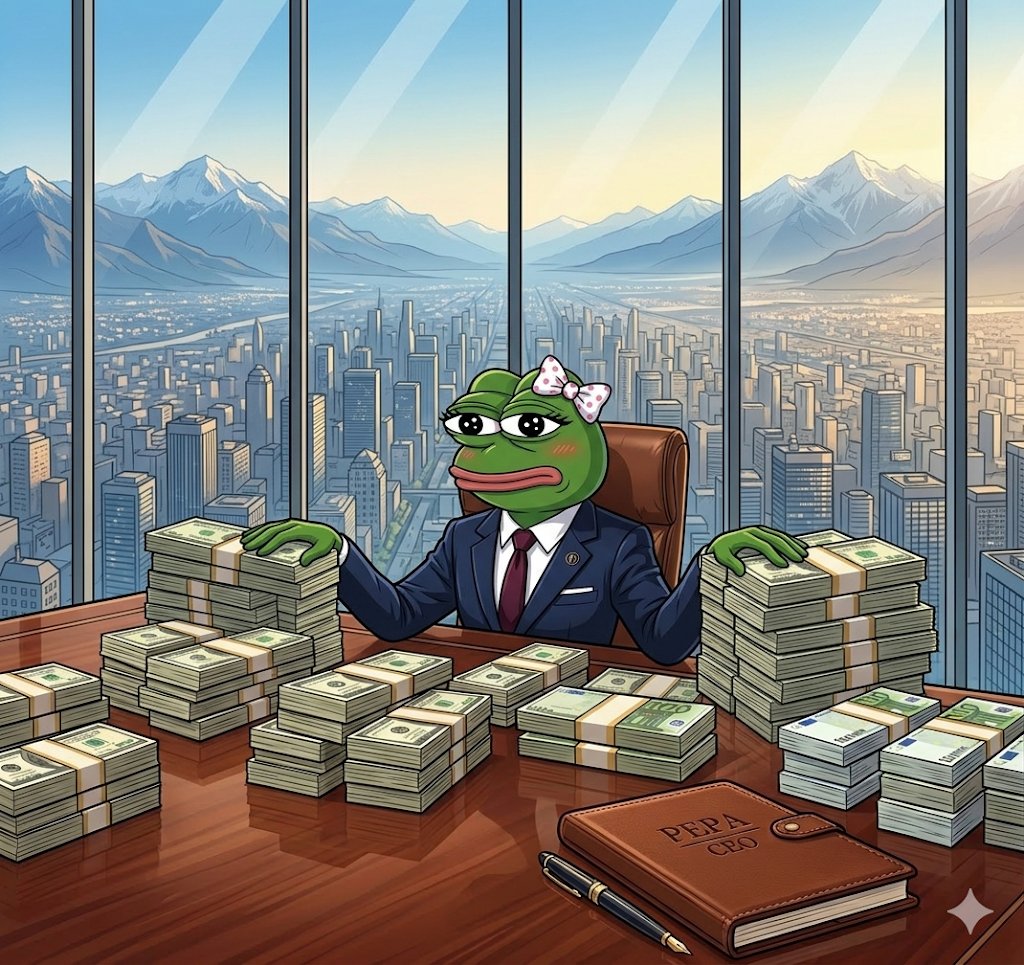 PepaCoin26's tweet photo. "Look at me go! 📈 My value is skyrocketing from my penthouse office. Don't get left behind while I make history. Grab your bags now and join my empire before we hit the moon! 🚀💰 #PEPA #Crypto" https://t.co/WF6XFz3BxX