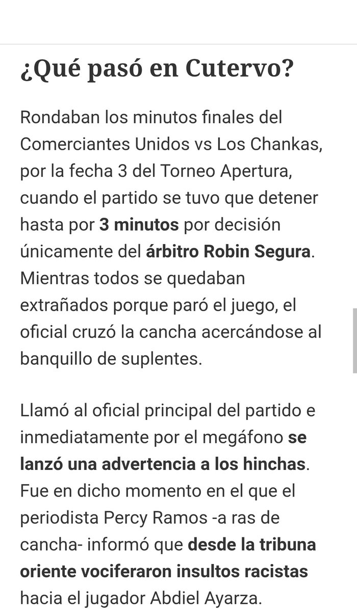 DiazJonathan89's tweet photo. Esto sucedió en la fecha 3 del torneo apertura 2026 partido comerciantes unidos vs Chankas. El árbitro Robin Segura activo el protocolo anti racismo contra Abdiel Ayarza. Hasta el momento no hay ninguna sanción al estadio de Cutervo @ImparatoVelazco @martinkohatsu @Universitario https://t.co/dlOeHvYKg1