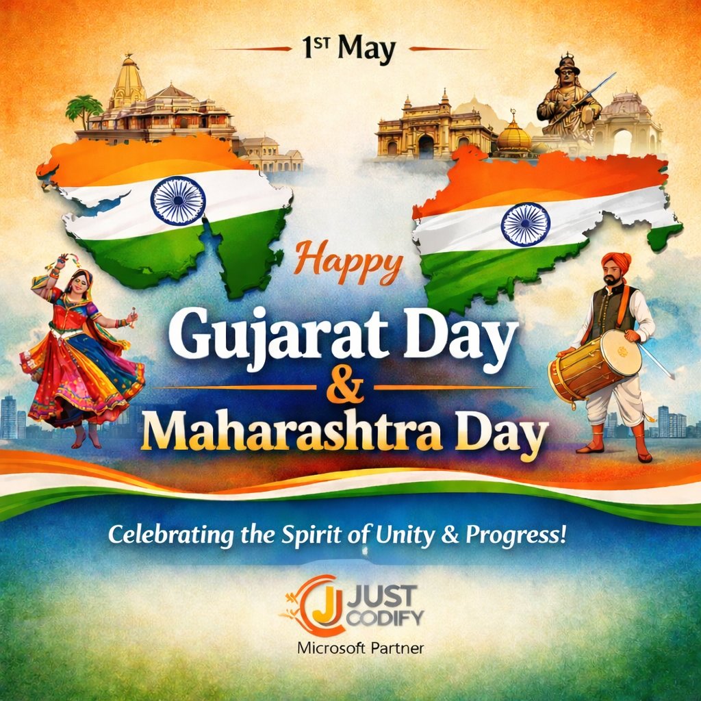 JustCodify's tweet photo. Happy Gujarat Day &amp; Maharashtra Day! 
Celebrating the vibrant cul#Innovation heritage, and inspiring progress of two incredible states.
Proud to grow, innovate, and build together with JustCodify. 
#GujaratDay #MaharashtraDay #JustCodify #UnityInDiversity #India  #Codify https://t.co/l6exkojMrn