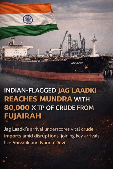 Jag Laadki Reaches Adani Mundra with 80,886 MT UAE Crude Amid Hormuz Tensions

#AdaniPorts confirmed that Indian-flagged tanker Jag Laadki has safely berthed at #Mundra carrying ~80,886 MT of crude oil sourced from the UAE.

The delivery comes despite escalating conflict in the