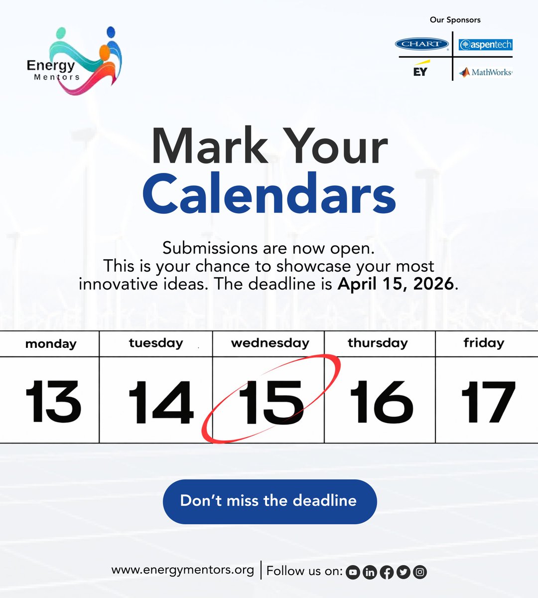 MentorsEnergyNP's tweet image. Submissions are officially OPEN. Show us what you’ve been working on and bring your ideas to life!

Deadline: April 15, 2026

Make it count, we can’t wait to see your work!

#SubmissionsOpen #Innovation #EnergyMentors #Engineering #StudentCompetition