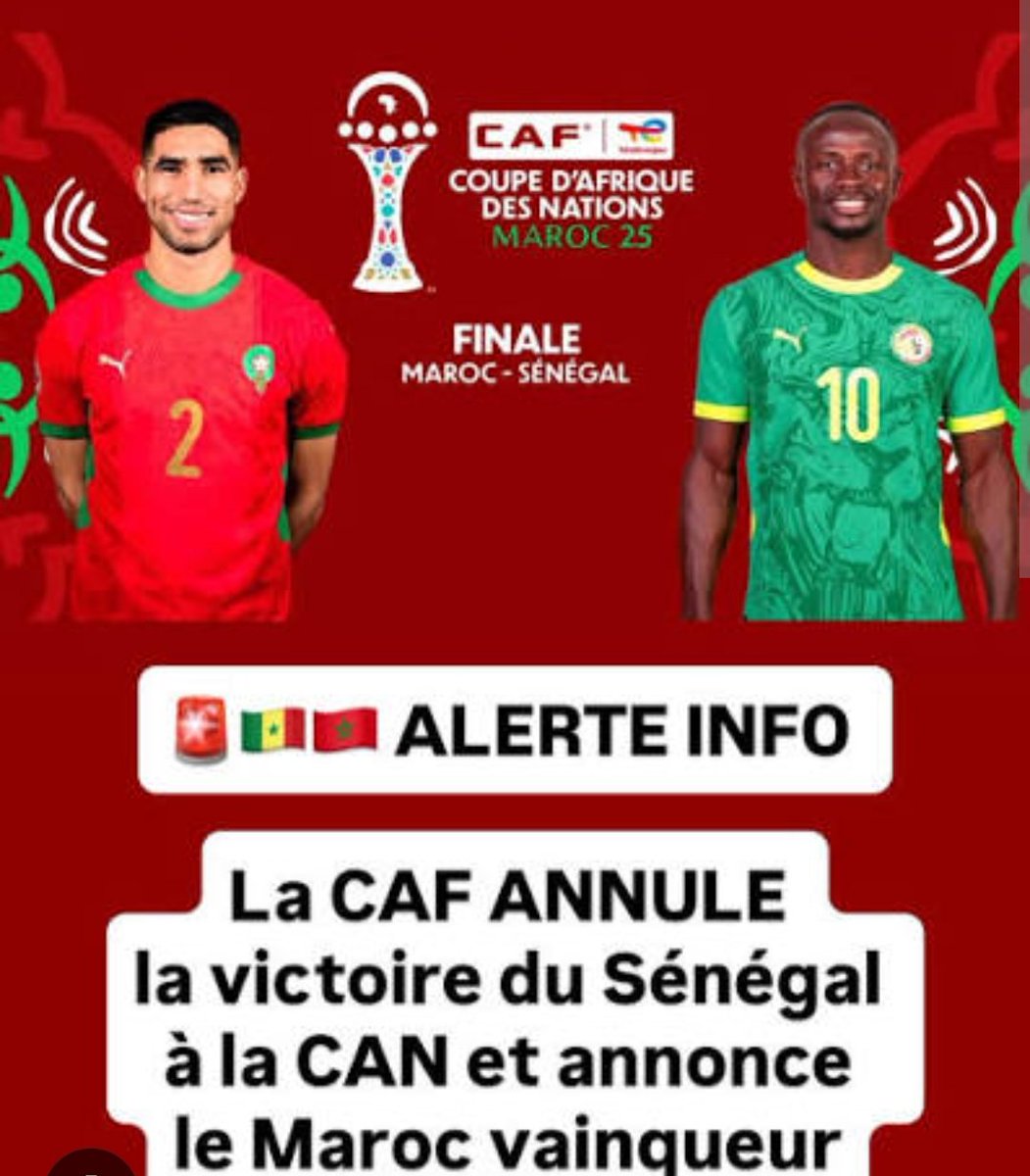 Sénégal/Maroc CAN2026
Trop de questions en suspend...
Pourquoi les officiels, les arbitres, les délégués de match ont-ils autorisé la poursuite de la rencontre ? Pourquoi n’avoir pas immédiatement constaté le forfait, comme l’exigent justement ces mêmes textes ?

Trop bizarre...