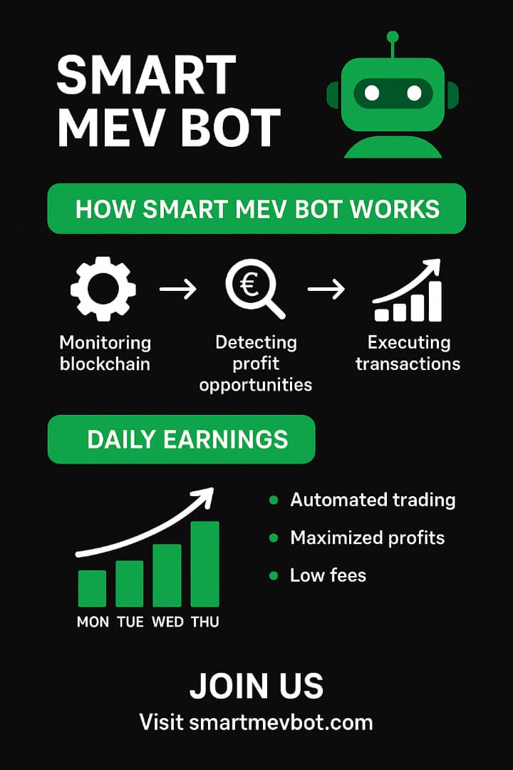 📊 *SMARTS MEVBOT* ```is on fire``` 🔥🚀🚀
 
💰 *HELLO WELCOME TO  SMARTS MEVBOT TRADE SMARTER NOT HARDER* 🚀🚀🚀

💡 *ADVANTAGES OF SMART MEV BOT* 

👥 ```Tell people about the advantages of this project.``` 

🌟 *THE BEST DECENTRALIZED CRYPTO TRADING BOT EVER*