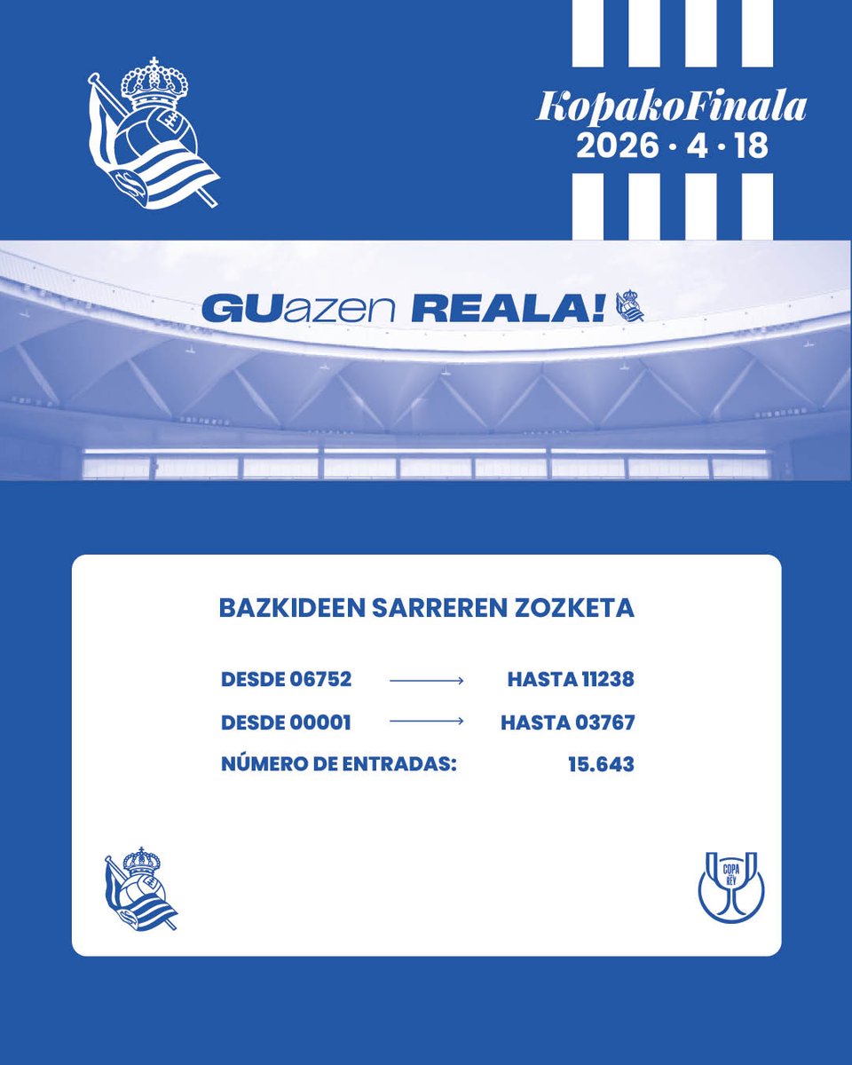RealSociedadEUS's tweet photo. ℹ️ Zozketa eginda. 

Apirilaren 18an La Cartujan jokatuko den Errege Kopako finalerako sarrerak eskuratu dituzten eskaerak hauek dira:

#GUazenREALA https://t.co/Fx0chevGoG