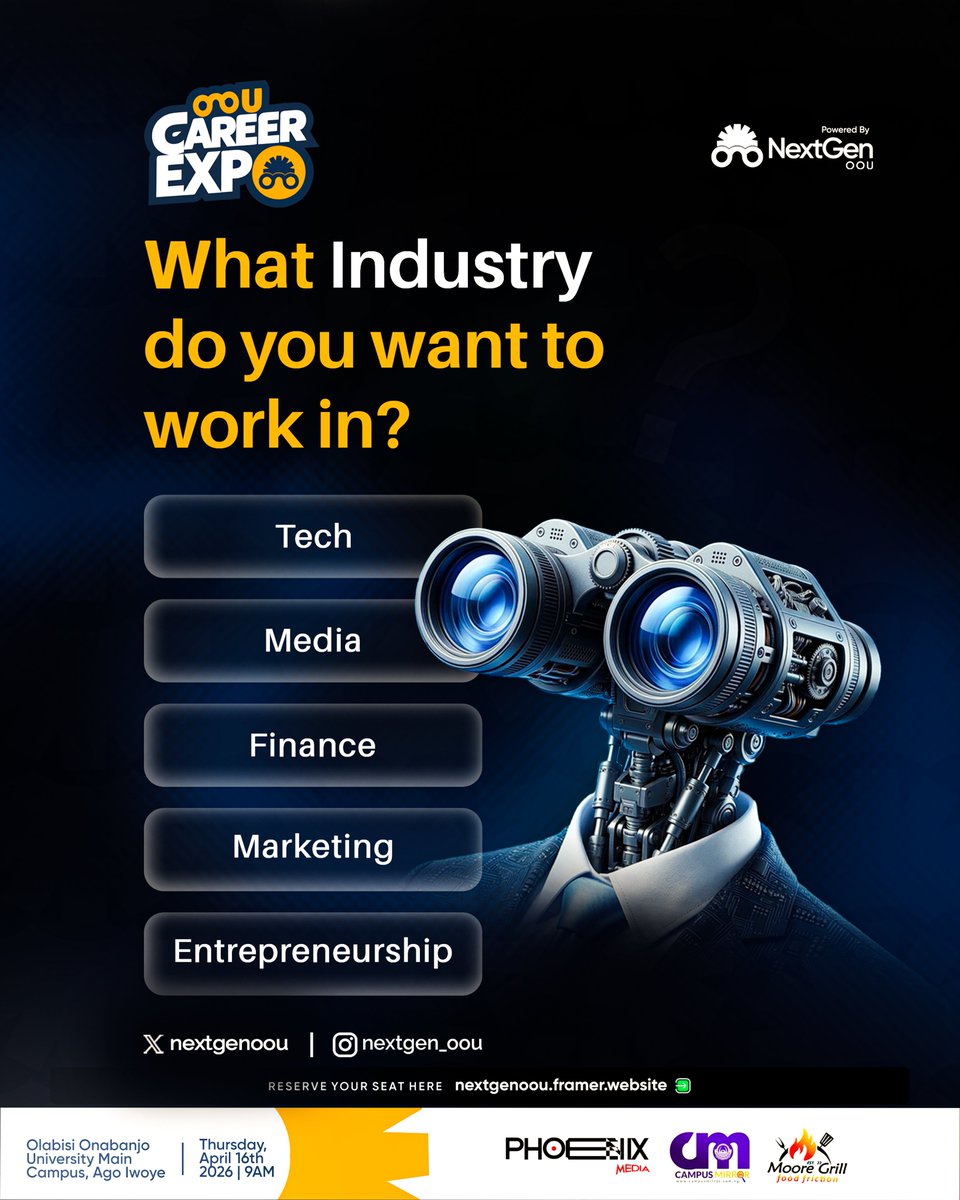Which industry are you trying to break into? 👀

Be honest… not what you’re studying, but what you actually want to do.

Drop your answer in the comments 👇

#NextGenOOU #OUUStudents #CareerGrowth #StudentLifeNigeria #CareerPath