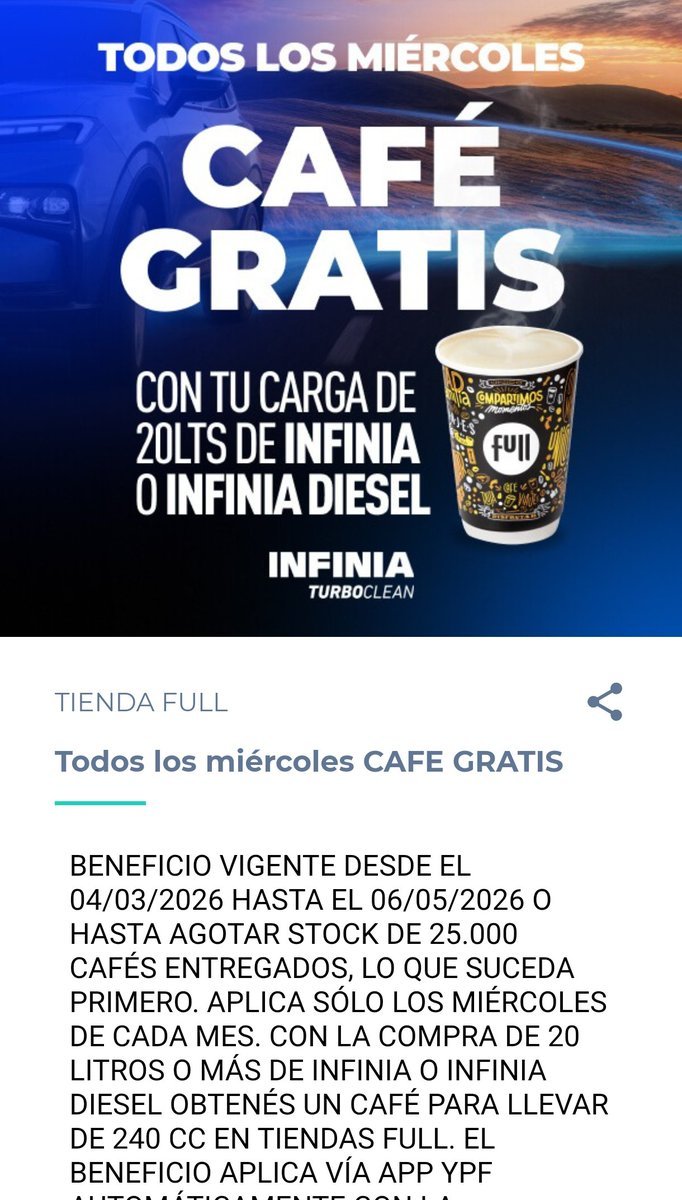 AhorrandoAndoAr's tweet photo. CAFÉ GRATIS 🙌

Los miércoles en YPF les dan un café gratis con la carga de 20 litros de Infinia o Infinia Diesel 😍

El beneficio es pagando con la APP de YPF.

Vigencia: hasta el 06/05 o hasta agotar stock https://t.co/yiMj6jbPry