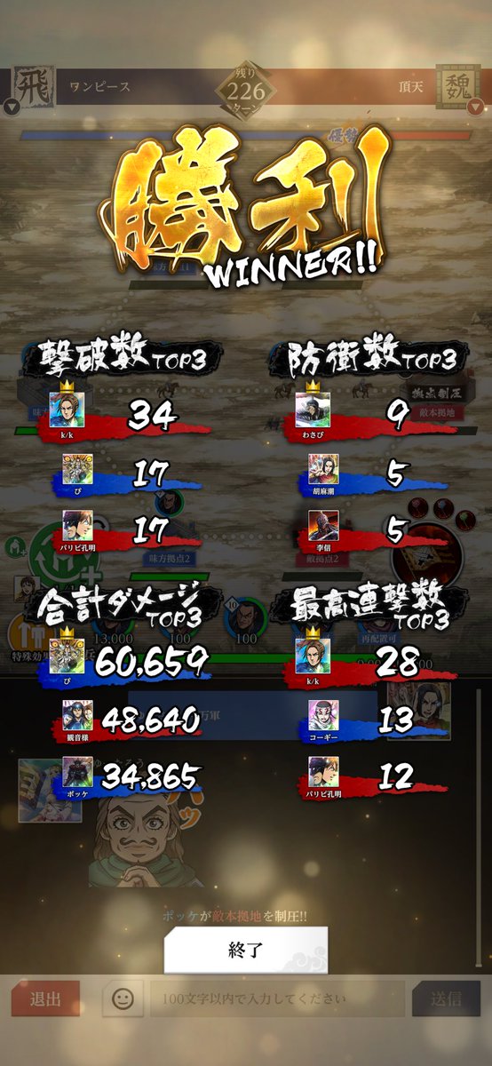 本日もお手合わせありがとうございました😌

軍師もどき登板2日目の今日、数的優位に助けられて勝利です🏅

これで2連勝。
このまま行けたら、へっぽこ軍師に昇格していいですか？🥺

#キングダム頂天
#同盟戦