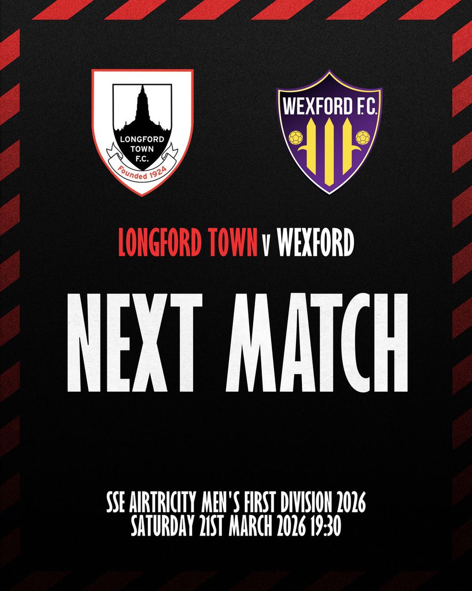 LongfordTownFC's tweet photo. 𝗨𝗣 𝗡𝗘𝗫𝗧! | 🔴⚫️

Massive game on Saturday as we take on Wexford FC! Get your tickets now!

🏆 SSE Airtricity Men's First Division 2026
⚽️ Wexford 🍓
📍 Bishopsgate
⌚️ 19:30
🎟️ https://t.co/2GDkeK6xRf 
📺 https://t.co/dYlppsPC8l

#Town2026 | #CmonDeTown | 🔴⚫ https://t.co/FFQP7vZLZR