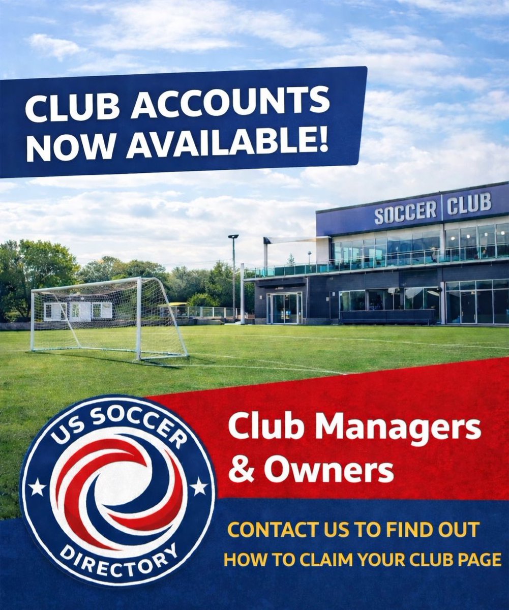 Club accounts are now live on US Soccer Directory.

Club managers and owners can now take control of their club page Update info. Customize your presence.

Contact us to claim your club page.

#ussoccer #grassrootssoccer