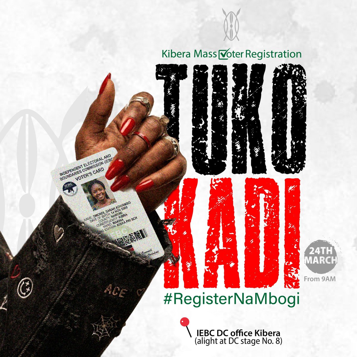 Kibra Mass Voter registration. 
 
Location DC ground Kibra 

Kibra, Kilimani, Kileleshwa, Langata &amp; Kawangware, kujeni tuwashow #TukoKadi

WhatsApp⬇️

chat.whatsapp.com/L5eIzNFYcxjGbg…

Politicians ❌❌
Political movements ❌❌

#RegisterNaMbogi 

Share/repost/comment