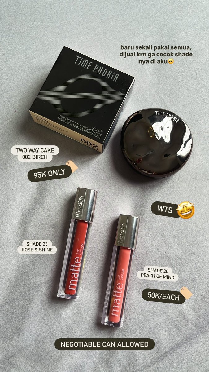 ilyraric's tweet photo. WTS
[BARU SEKALI PAKAI]

Time phoria two way cake 002 birch [95k]
wardah lip cream matte shade 23 &amp; 20 [50k/each]

NEGOTIABLE
📍 bogor, bisa shopee
📌 rose and shine, peach of mind, want to sell, dijual, preloved, makeup, lipstik, cushion https://t.co/BbQXdDXuZi