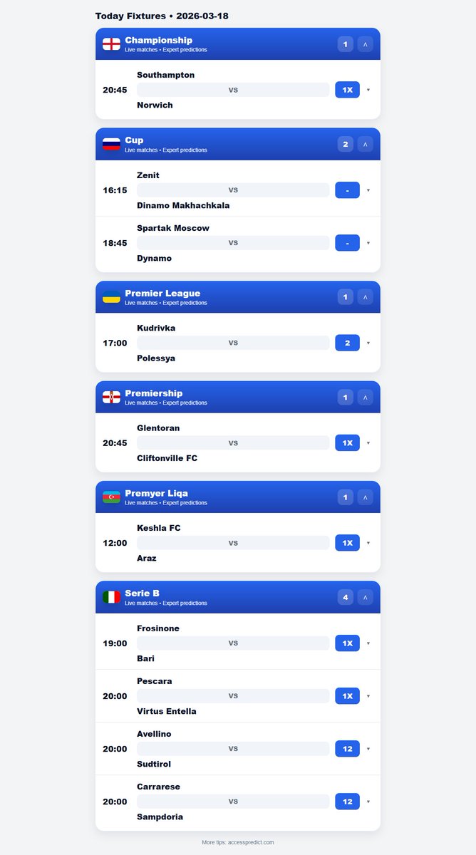 accesspredict's tweet image. ⚽ Today’s fixtures &amp;amp; tips (2026-03-18)

More: accesspredict.com

Good Wednesday Venezuela Hump Day Kazui Audacy #Invincible Aaron Judge Bryce Harper St Patrick AFCON Senegal Morocco NATO Chelsea Kent Ukraine