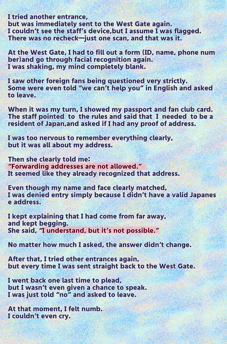 hamburbow's tweet photo. My friend got a legitimate ticket to an ARASHI concert,
but wasn’t allowed to enter.

This is their story.

(Translated using ChatGPT. Apologies for any awkward wording.)

#ARASHI https://t.co/GOKubUJpE6