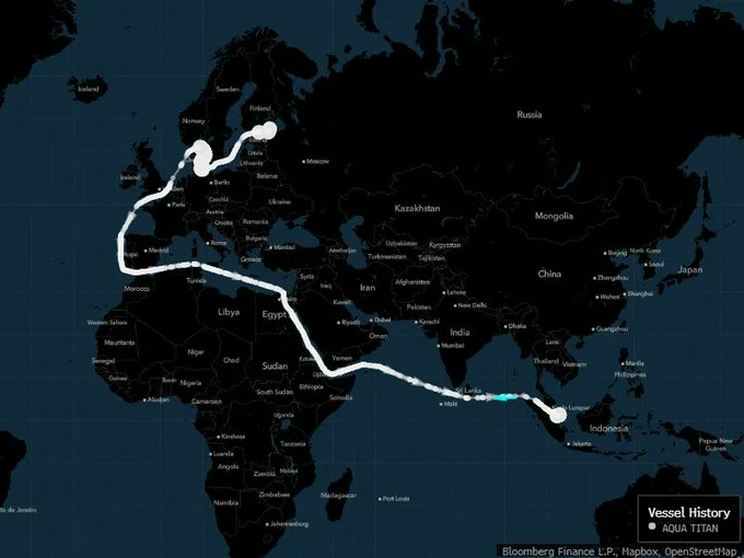 elitepredatorss's tweet photo. Many assumed Russian tankers "U-turning" from China to India meant Chinese buyers cancelled orders. 

It actually shows you a secret of how the oil market really works with shadow fleets apart from what is the usual system.  

Russian Urals oil is mostly traded "on the water. The tanker signals a destination (like Rizhao, China) when it leaves port, but the cargo can be resold multiple times mid-voyage on the spot market. 

After the recent US course correction on Russian policy + Middle East supply risks (Hormuz), Indian refiners became the most urgent buyers and snapped up these floating cargoes. 

That's why Aqua Titan (and 6 others) changed course to New Mangalore.