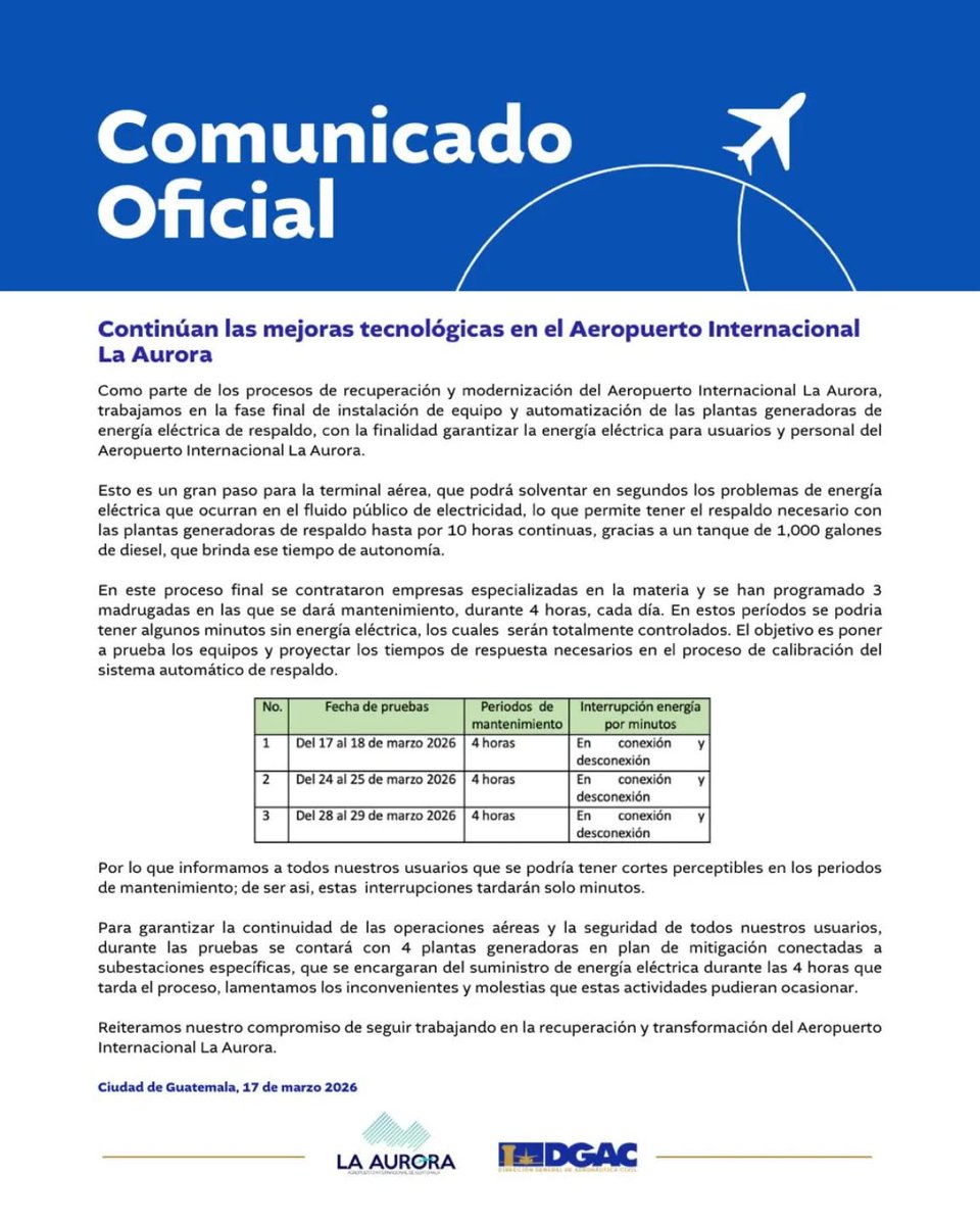 EmisorasUnidas's tweet photo. #AHORA @DGAC_CIV informa que, como parte de los procesos de recuperación y modernización del Aeropuerto Internacional La Aurora, se trabaja en la fase final de la instalación de equipo y automatización de las plantas generadoras de energía eléctrica de respaldo, con la finalidad de garantizar la energía eléctrica para usuarios y personal | Vía @kmarroquin_eu