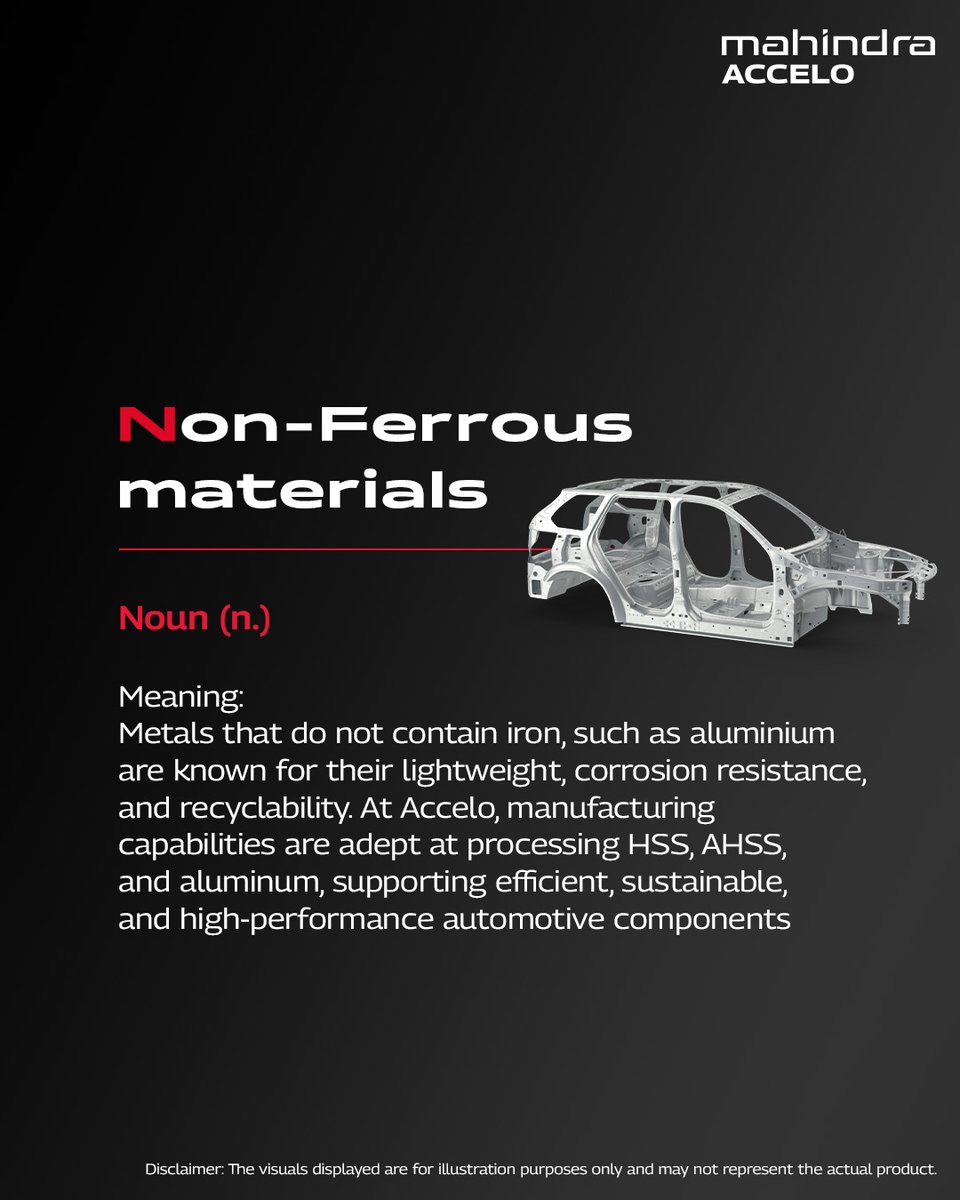 Discover the A-to-Z of Accelo! 
Each word reflects our commitment to precision, progress, and performance.

N is for Non-ferrous materials — essential to building lighter, stronger, and more efficient automotive components.

#AcceloAtoZ #MahindraAccelo #Mobility #Automotive #EV