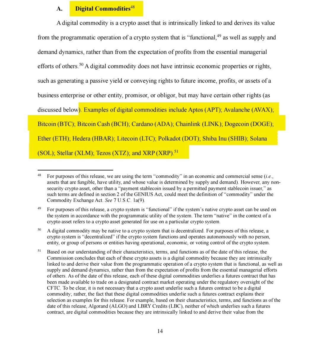 🚨NEW: 🇺🇸SEC &amp; CFTC clarify these 16 coins are not securities and are digital commodities:

1. Bitcoin $BTC
2. Bitcoin Cash $BCH
3. Ether $ETH
4. Cardano $ADA
5. Solana $SOL
6. Avalanche $AVAX
7. Polkadot $DOT
8. XRP $XRP
9. Litecoin $LTC
10. Chainlink $LINK
11. Dogecoin $DOGE