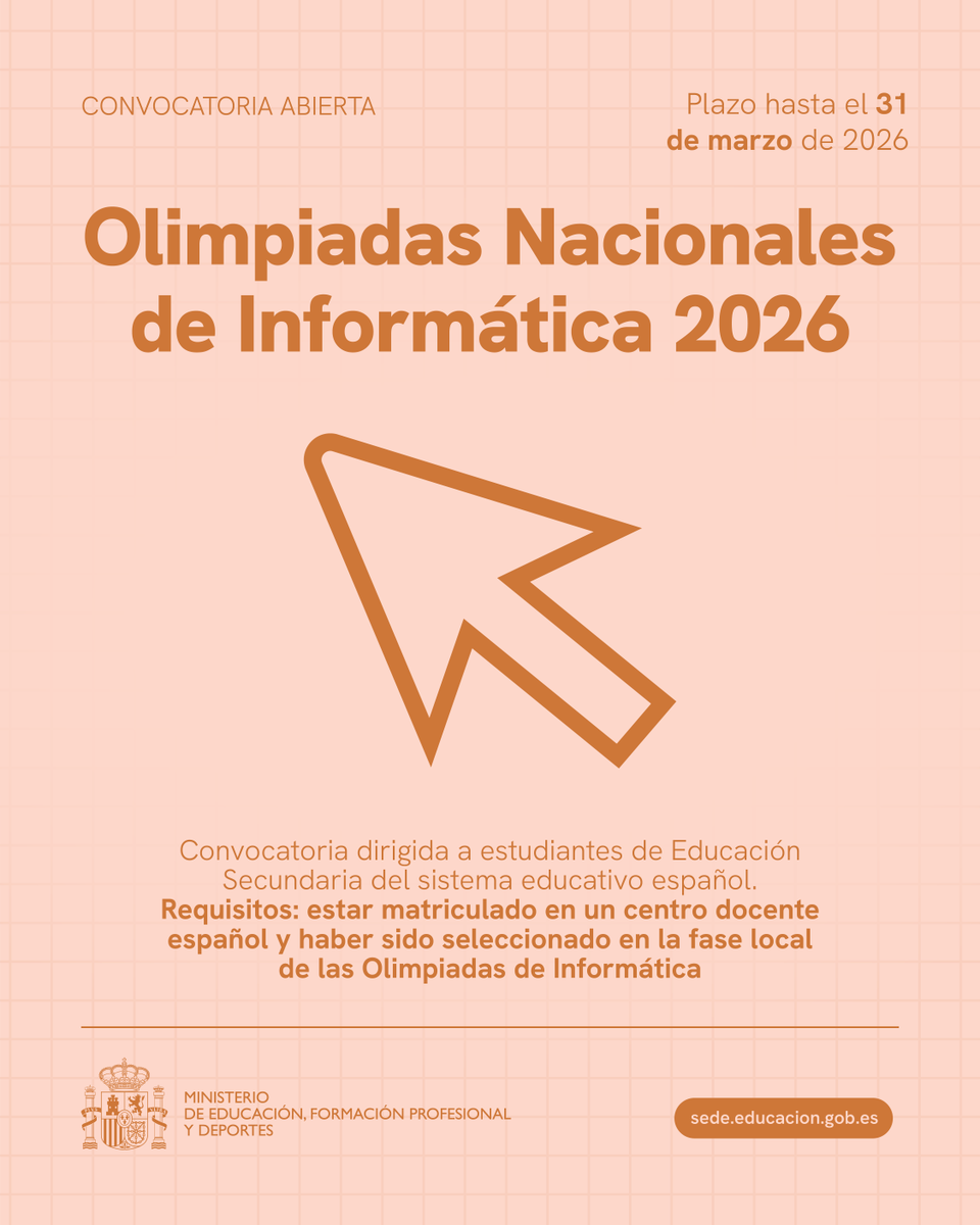 educaciongob's tweet image. 💻🚀 ¡Comienza la convocatoria de las #OlimpiadasNacionalesDeInformática 2026!

🔹 Dirigido a estudiantes de Secundaria.
🔹 Inscripciones del 18 al 31 de marzo.
🔹 Premios en metálico y más.

Consulta más detalles: f.mtr.cool/abnrycggmm

#Informática #Educación #TalentoJoven