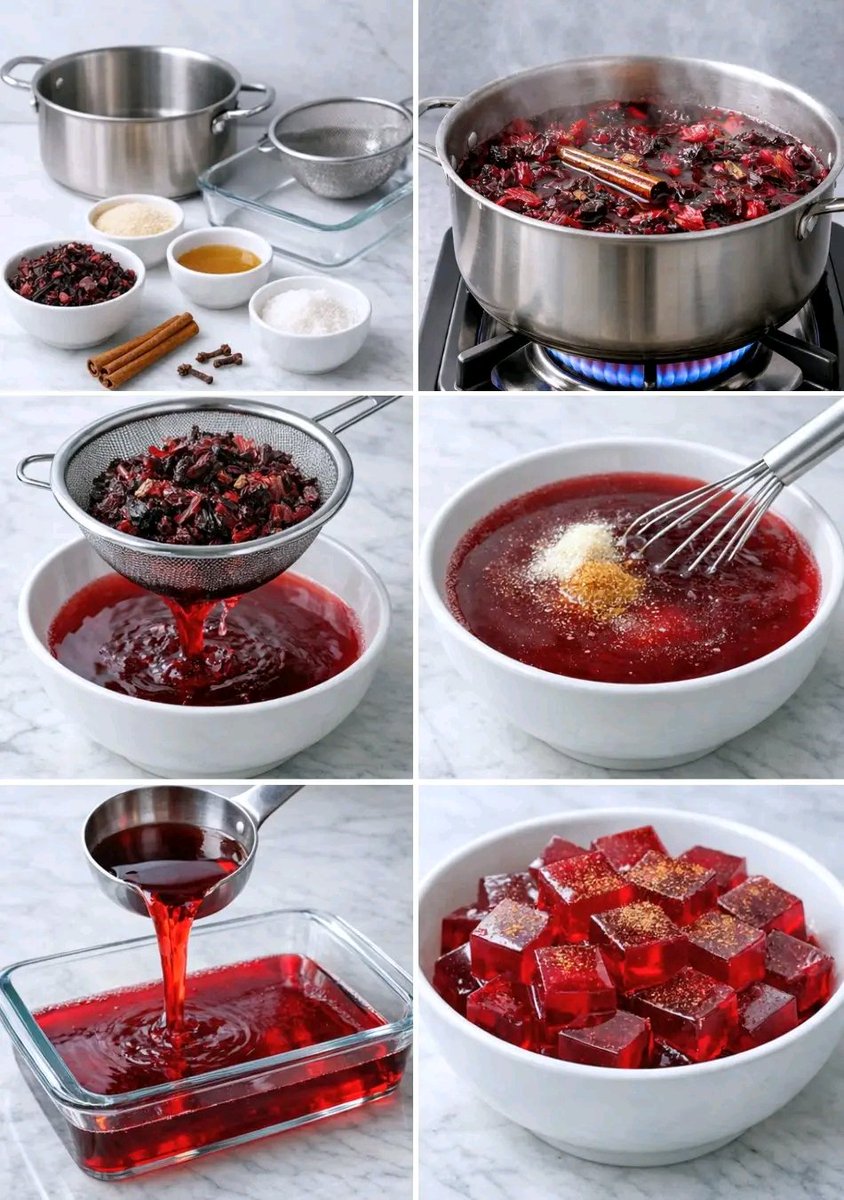 GELATINA de FLOR de JAMAICA  Saludable y Deliciosa
Ingredientes:
1/2 taza de flor de jamaica
1 litro de agua
1 cucharada de miel o stevia al gusto
3 cucharadas de gelatina sin sabor
3 clavos de olor
1 varita de canela
Canela en polvo para decorar

Preparación:
En una cacerola
