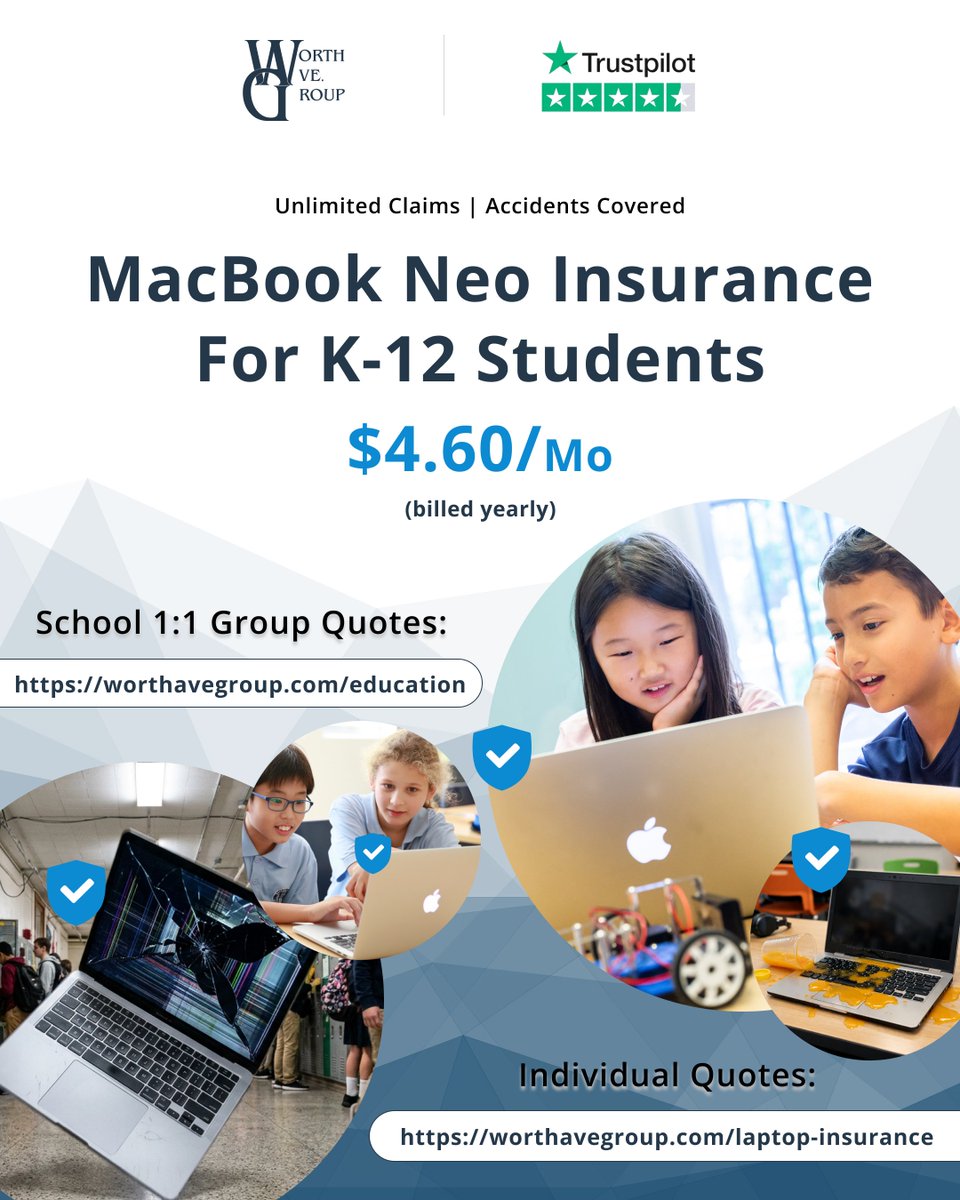 worthavegroup's tweet image. Apple’s MacBook Neo is officially here. Whether you’re in K-12 IT looking for a group quote or an individual policy for a child, we can help you protect every device from drops, spills, and cracked screens! 
👉worthavegroup.com
#MacBookNeo #DeviceProtection #K12Schools