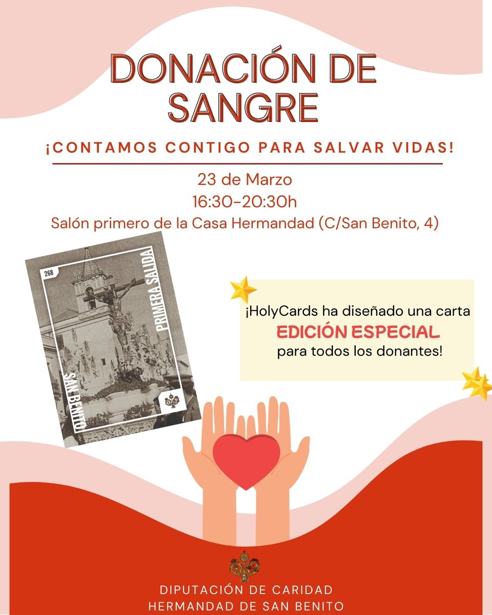 Hdad_SanBenito's tweet photo. 🟣⚪️ 𝐂𝐀𝐑𝐈𝐃𝐀𝐃 | 𝐂𝐚𝐦𝐩𝐚𝐧̃𝐚 𝐝𝐞 𝐝𝐨𝐧𝐚𝐜𝐢𝐨́𝐧 𝐝𝐞 𝐬𝐚𝐧𝐠𝐫𝐞. 

La donación de sangre es un gesto sencillo, solidario y profundamente humano que puede marcar la diferencia entre la vida y la muerte para muchas personas. 

Cada día, hospitales y centros sanitarios necesitan sangre para atender a pacientes que se someten a intervenciones quirúrgicas, tratamientos médicos, accidentes o enfermedades graves.

La Hermandad de San Benito pone en marcha una campaña de donación de sangre que se celebrará, Dios mediante, el próximo lunes 23 de marzo en nuestra Casa de Hermandad (C/San Benito, nº4) en horario de 16h30 a 20h30.

Con este motivo, el proyecto de Holy Cards de la empresa Pepe Pinreles, ha diseñado y donado una carta de edición especial para todos aquellos que se acerquen a donar sangre. 

Agradecemos profundamente a Holy Cards (@HolyCards_) su implicación continuada y desinteresada que permite engrandecer la Semana Santa de Sevilla y actos solidarios como esta actividad. 

¡Os esperamos!

#SanBenito26