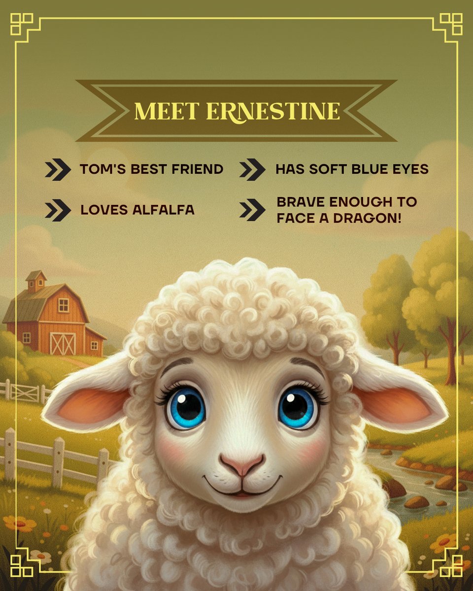 Author_Melissa2's tweet photo. Meet Ernestine! Not just a sheep, but a brave best friend with soft blue eyes and a serious love for alfalfa. She’s stayed by Tom’s side through fog, rain, and even dragon fire.
Double tap if you have a brave pet at home!
#AnimalCharacters #BraveFriends #KidsBooks #Writerslift https://t.co/pWfuFnpKvL