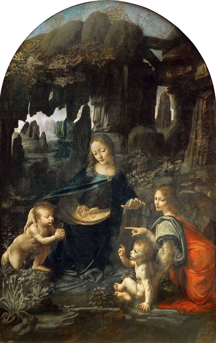 La Vierge aux Rochers de Leonardo da Vinci (version du Louvre), peinte à la fin des années 1480 pour la confrérie de l’Immaculée Conception à Milan.
La Vierge Marie avec l’Enfant Jésus, le petit saint Jean‑Baptiste et un ange, réunis dans une grotte rocheuse qui lui donne son nom