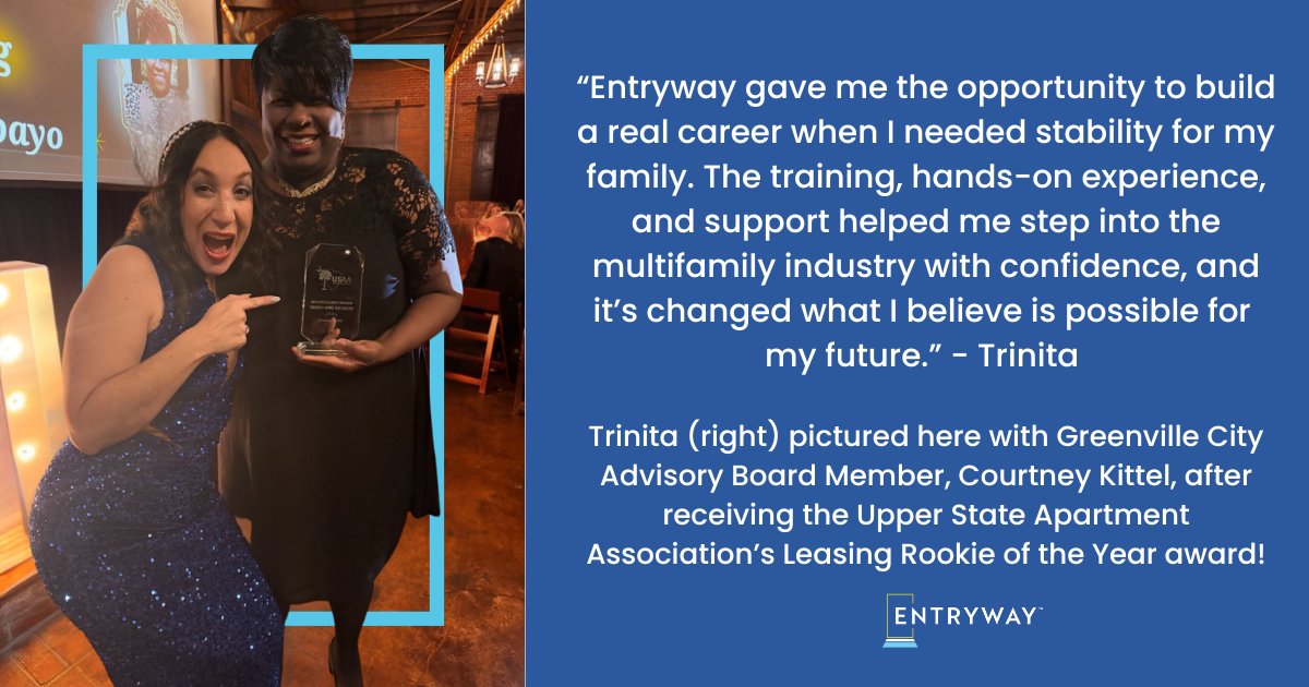 entrywaytalent's tweet image. Trinita's journey reflects the talent, determination, and excellence our participants bring to the industry every day. When given the opportunity, potential turns into achievement. Find out how you can hire talent like this! entrywaytalent.org/partner-with-u… 
#MultifamilyCareers #leasing