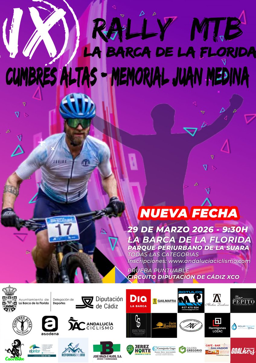 FACiclismo's tweet photo. 📰#LaBarcaDeLaFlorida acogerá la tercera cita del #CircuitoXCOCadiz

👉El IX Rally MTB Cumbres Altas–Memorial Juan Medina reunirá el 29 de marzo a todas las categorías sobre el técnico circuito del Parque La Suara. ¡No te pierdas esta cita!

ℹ Previa +✍️inscripciones👇
https://t.co/aYSatCVwF4