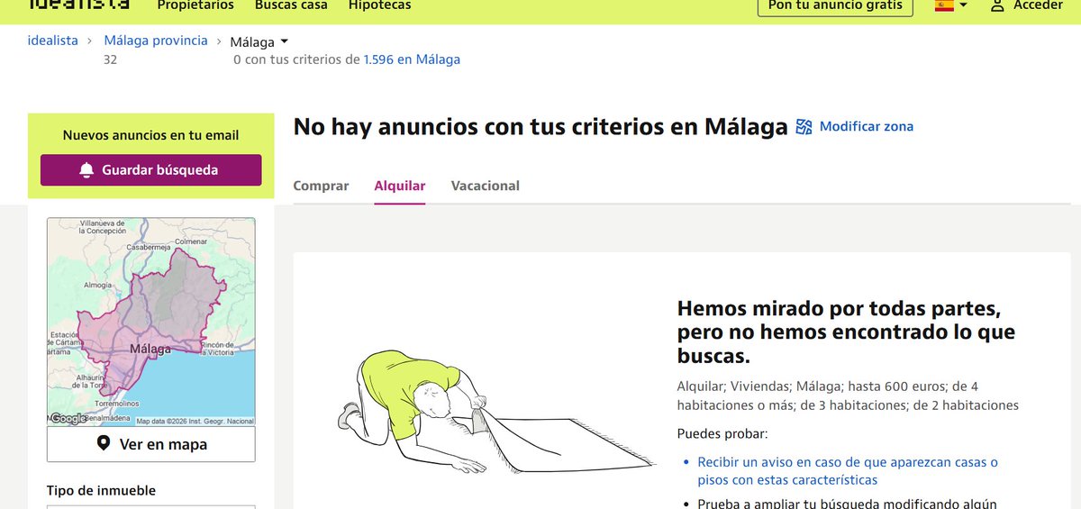 CERO alquileres de 600 euros, dos habitaciones, en toda Málaga capital. Si esto no es una emergencia social que me digan.