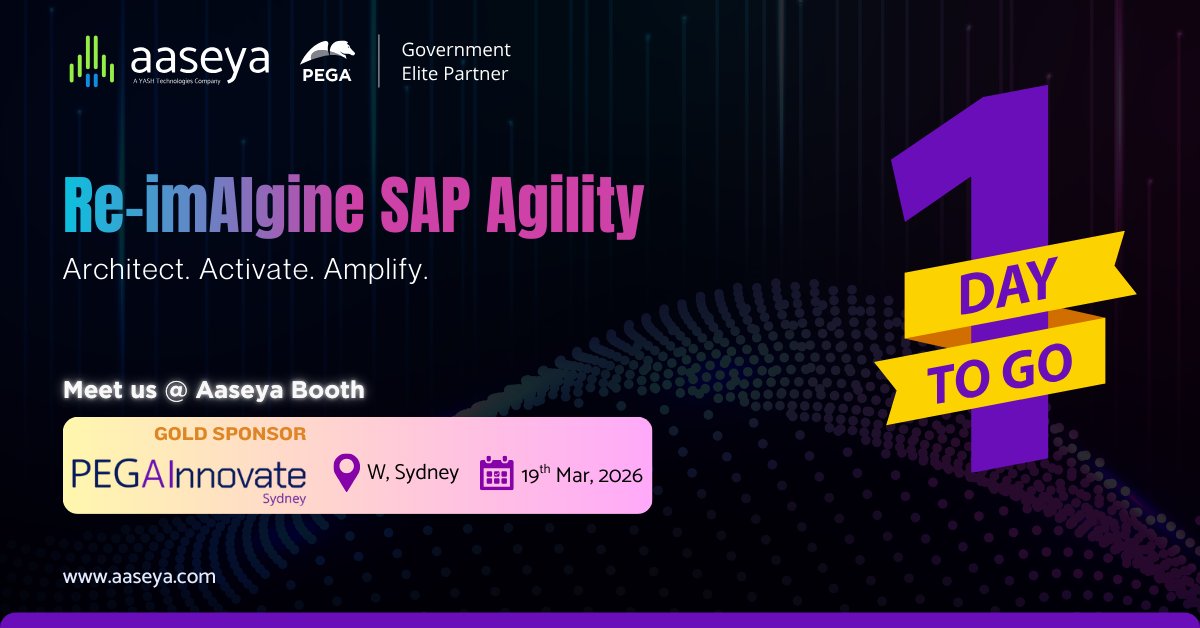 1 Day to Go! #PegaInnovate Sydney
Reimagine #SAPAgility with faster workflows &amp; AI-driven ops.
Mar 19 | W Sydney
Aaseya (Gold) booth
#Pega #SAP #AgenticAI #Automation