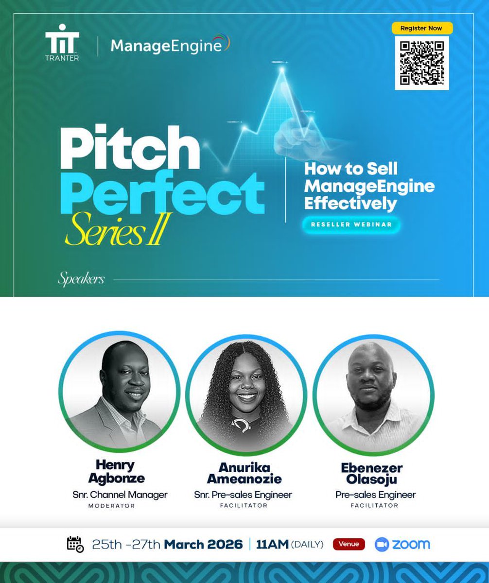 Tranter_IT's tweet photo. Better positioning. Stronger pitches. More closed deals.

Pitch Perfect Series II: Proven Strategies for Selling ManageEngine Solutions

Join our 3-day virtual training built for sales partners and resellers ready to convert prospects into closed deals.

Winning more deals starts with 🫵🏽

📅 March 25th– 27th 2026
🕚 11:00 AM Daily 
📍 Zoom

3 Days. Proven Tactics. Real Sales Results.

Secure your spot now 👉
https://t.co/Z0ySqk4mtl