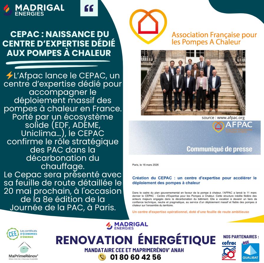 MadrigalENR's tweet image. ⚡️L’#Afpac lance le #CEPAC, un centre d’expertise dédié pour accompagner le déploiement massif des pompes à chaleur en France.
Porté par un écosystème solide (#EDF, #ADEME, #Uniclima…), le CEPAC confirme le rôle stratégique des #PAC dans la #décarbonation du chauffage.
Le Cepac