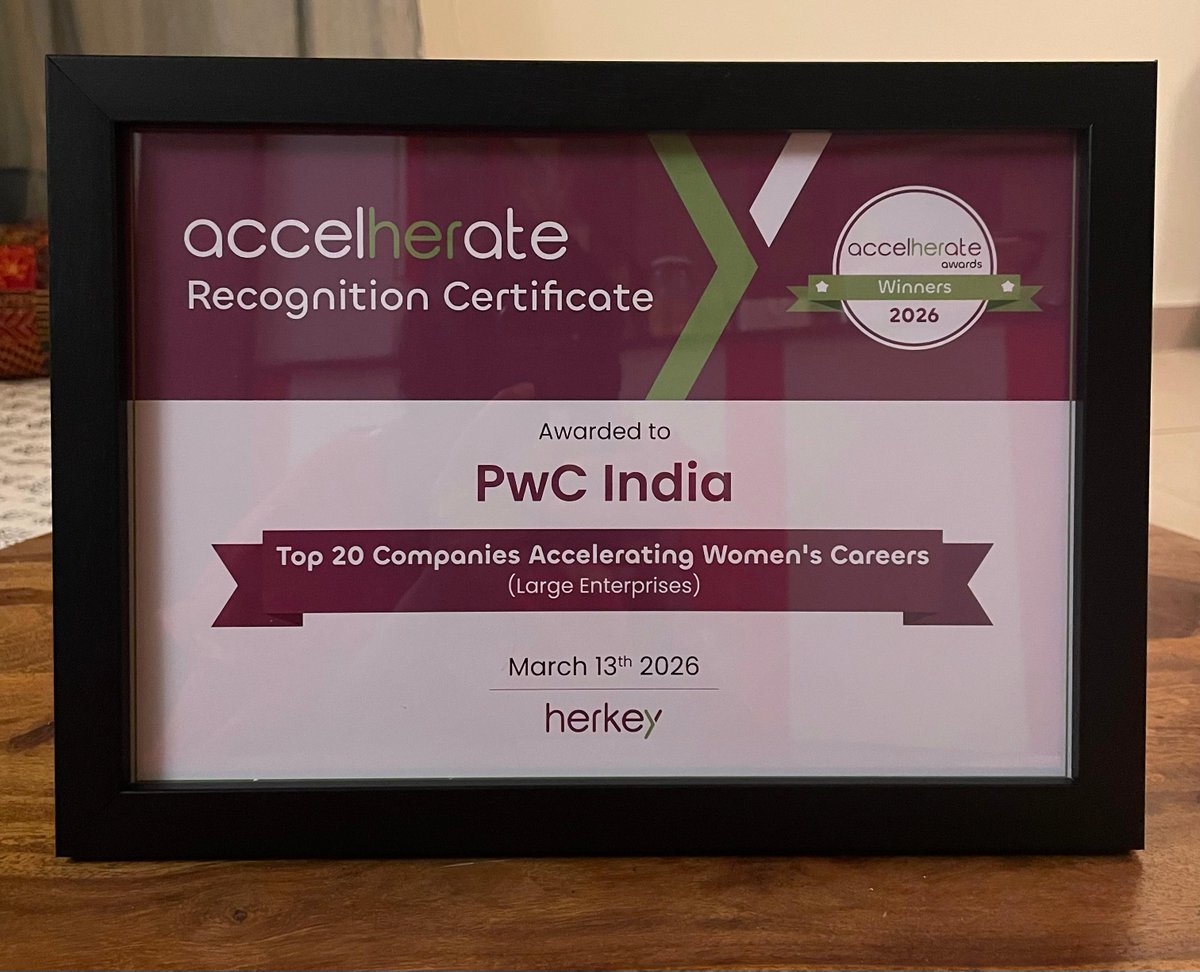 PwC_IN's tweet image. #PwCProud to share that we've been recognised as a Top 20 Winner in the Large Enterprises category at the AccelHERate Awards 2026. A heartfelt thank you to our people and leaders whose passion and commitment continue to drive us forward.

#AccelHERate2026 #WomenLeadership