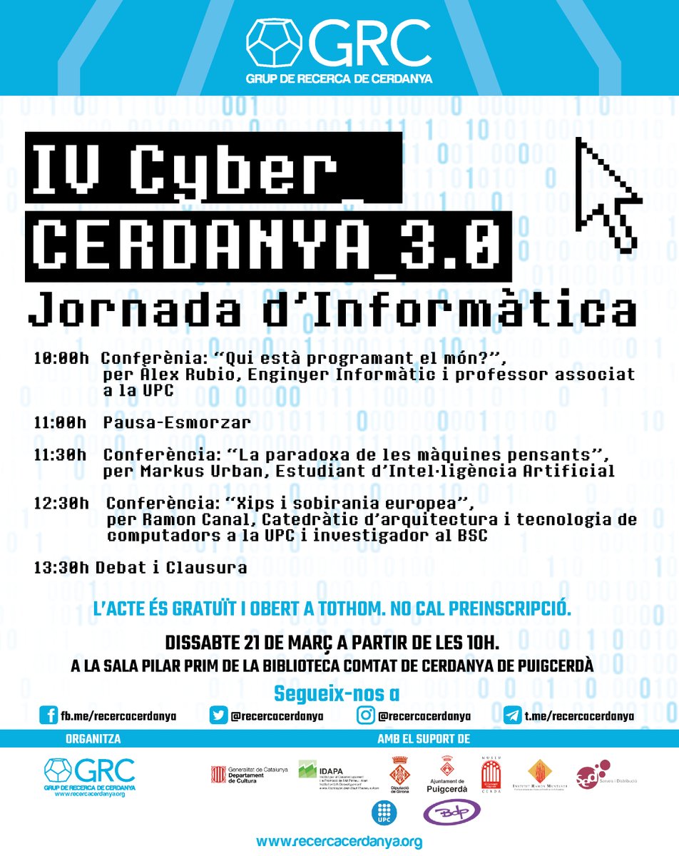 recercacerdanya's tweet photo. Teniu plans per demà? 🧐 Al IV #CyberCerdanya parlarem de la paradoxa de les màquines pensants, xips i sobirania europea. Ciència i tecnologia a l'abast de tothom! 💻🚀

📅 Dissabte 21, 10:00h
📍 Sala Pilar Prim (Puigcerdà)
🎟️ Gratuït!

Save the date! 📌

#Cerdanya #IA #Puigcerdà https://t.co/vBN8Smy0UR