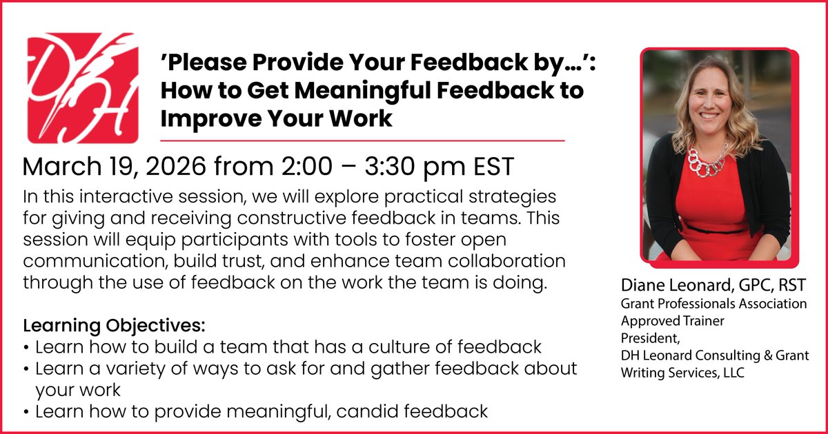 nativelearningc's tweet image. Webinar: ’Please Provide Your Feedback by…’: How to Get Meaningful Feedback to Improve Your Work
Date: March 19, 2026
Time: 2:00 – 3:30 pm EST
Register Here: ticketbud.com/events/80aea0d…
#TeamCollaboration #FeedbackCulture #DHLeonardConsulting #TeamBuilding #NLC #NativeLearningCenter