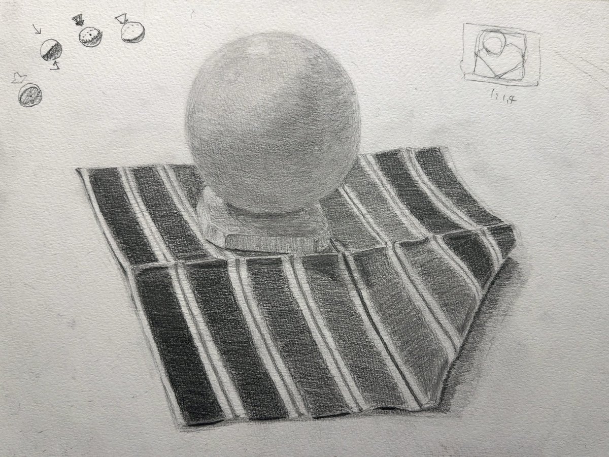 ayama_gu's tweet photo. デッサン教室 | 3/10日目✏️

カラフ��な布と石膏球。各色の中での明中暗の描き分けや、反射光、球体が受け取る光の仕組みなどを学んだ💡
石膏球を基準に周りの大きさを合わせたらどんどん全体が小さくなってしまったので、次は最初に決めた構図の端に合わせて全体サイズを調整する！ https://t.co/krRGxAKRs4