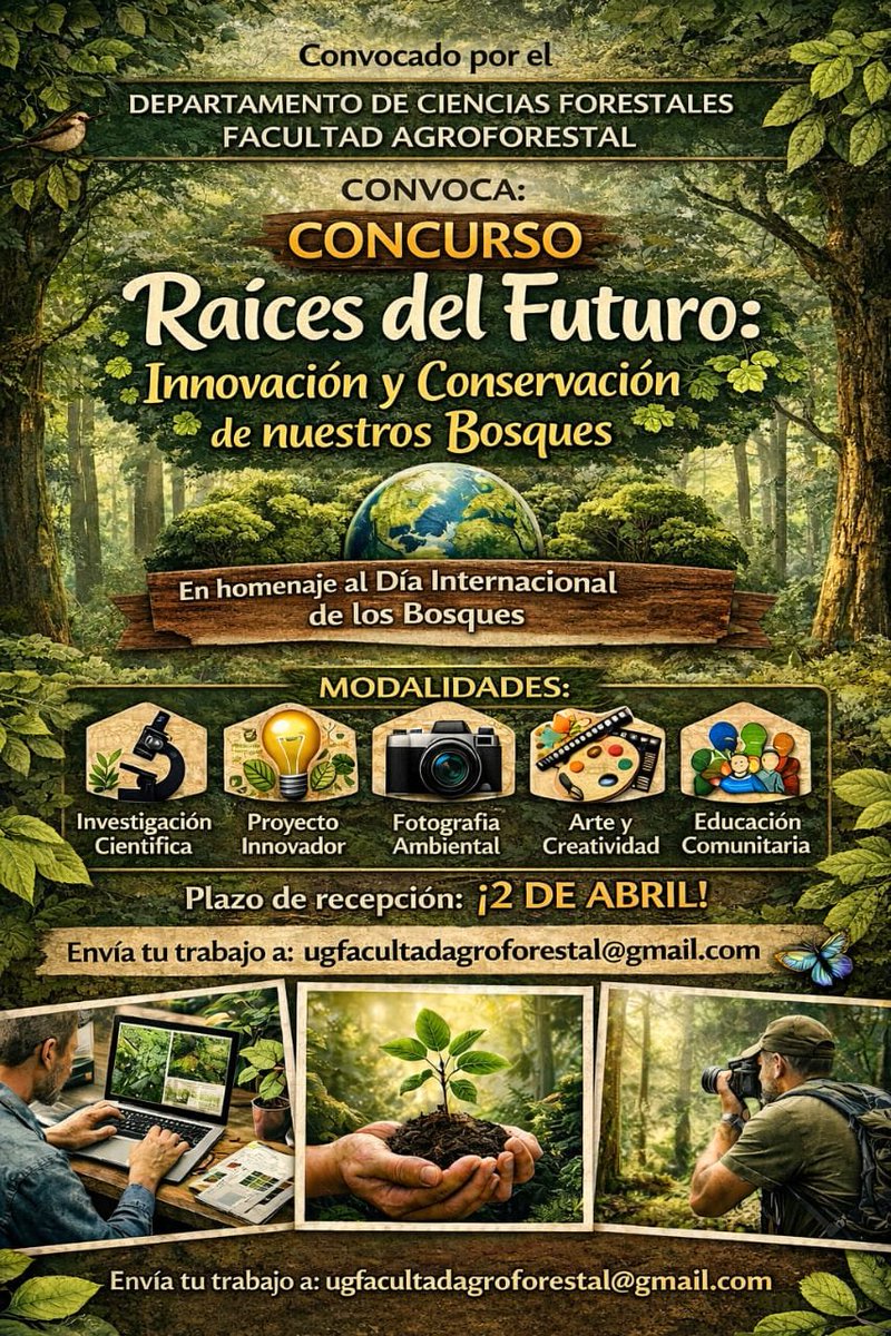 UG_Cuba's tweet photo. #UniversidadCubana 

✍️El Departamento de Ciencias Forestales convoca al concurso " Raíces del Futuro", enmarcado en las celebraciones por el Día Internacional de los Bosques y el 64 aniversario de la fundación de la UJC.

🖇 Más información
https://t.co/RNVPwC9mhe

#ComunidadUG https://t.co/a4Wd1EEkXe