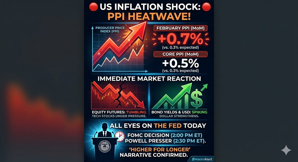 trijannnn's tweet photo. US INFLATION COMES IN HOT!
​Feb PPI just crushed expectations, throwing a massive wrench in the Fed's plans ahead of today's crucial FOMC meeting.
​Headline PPI (MoM): +0.7% (Exp: +0.3%) 
​Headline PPI (YoY): +3.4% 
​Core PPI (MoM): +0.5% (Exp: +0.3%) 
​Core PPI (YoY): +3.5% https://t.co/B7iS6MXN0t
