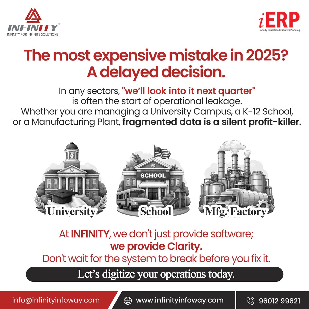 InfinityInfoway's tweet photo. The most expensive mistake in 2025?
A delayed decision

School
University
Mfg. Factory

At INFINITY, we don't just provide software; we provide Clarity

Visit our website for more details
https://t.co/qC7oEKzWz0

#infinityinfoway #infinity #educationerpsoftware #erpsoftware #ierp https://t.co/NTGuJjvmXV