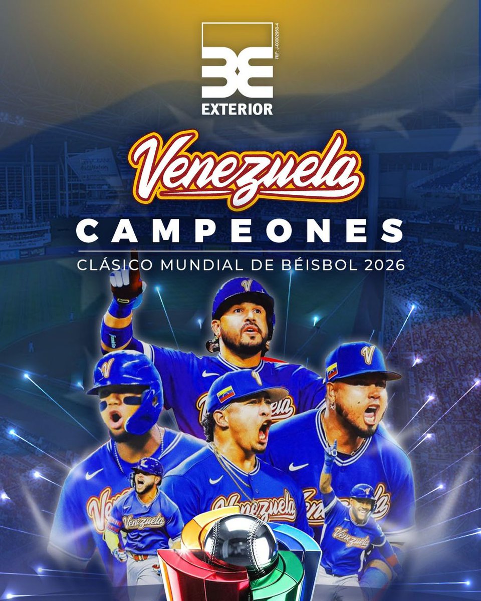 BancoExterior's tweet photo. ¡SOMOS CAMPEONES DEL CLÁSICO MUNDIAL! ⚾️🔥🇻🇪

El 17 de marzo de 2026, sin duda será una fecha que todo venezolano recordará por siempre

Gracias al equipo por hacernos vibrar, por unir a un país entero y por llevar nuestra bandera a lo más alto del podio mundial 🏆☝🏻1️⃣

#BancoExterior #Venezuela #WBC2026 #OrgulloNacional