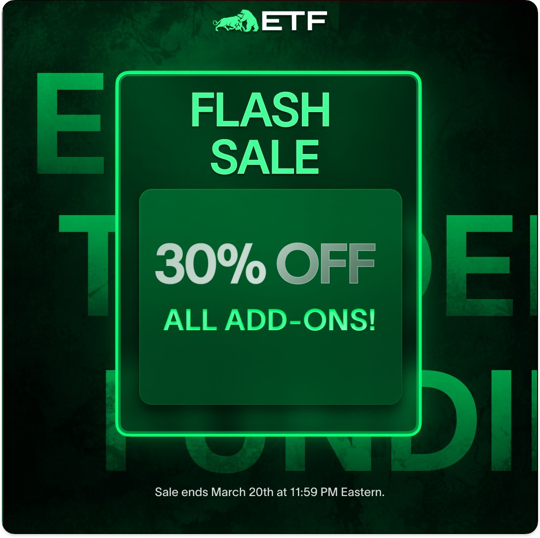 EliteTraderFund's tweet photo. Upgrade your account features while the discount is still live.

👉 No code needed. Discount applies automatically at checkout.

⏰ Promo expires Monday, March 20th at 11:59 PM Eastern

Included in the sale:
• 3D (Double Down Deal)
• One Day to Pass
• TradeShield
• PriceSlash

Also live right now:

🔥 80% OFF Non-Fast Track Evaluations
• Use code NEWSTART
• NEWSTART ends March 31st at 11:59 PM Eastern
• Discount applies to first month only. Renews at full price.