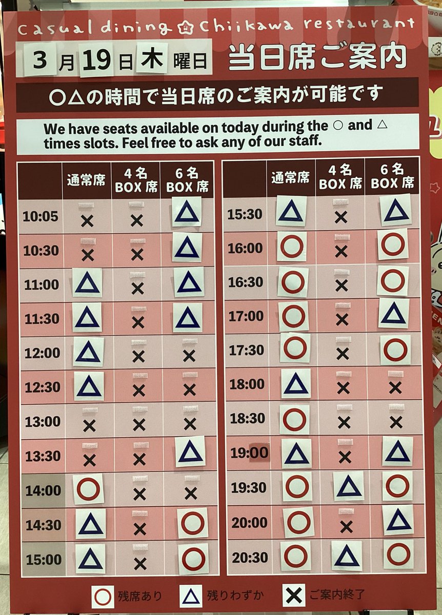 #ちいかわレストラン 沖縄PARCO CITY店🌺

3/19（木）当日券のご案内

○△の時間でカフェの当日券をご用意しております🍒
ご希望のお客様は店頭スタッフへお声がけくださいませ☺️
なお、予定枚数に達し次第終了となりますので予めご了承くださいませ🙇‍♀️