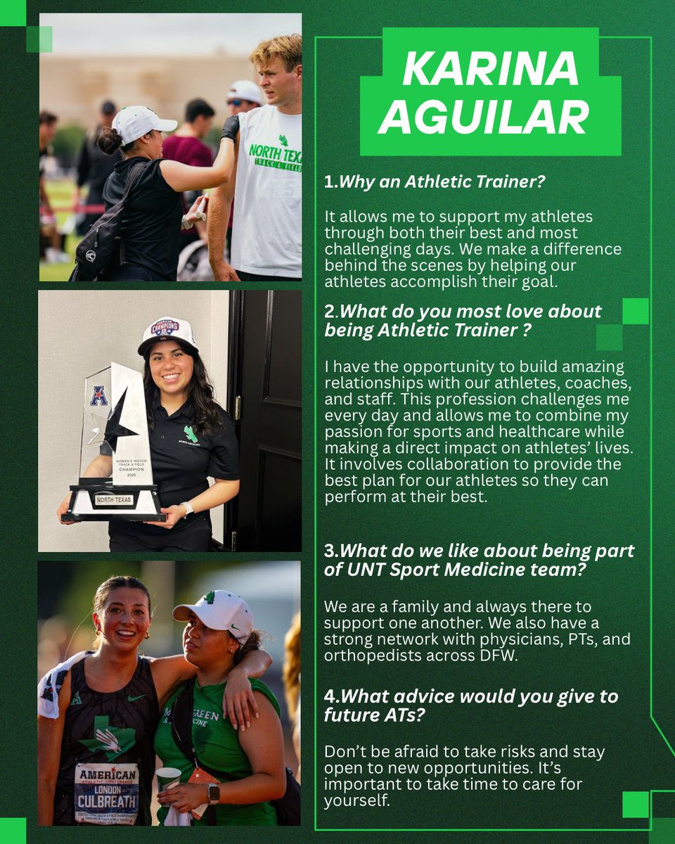 untsportsmed's tweet photo. Staff Spotlight🚨| Karina Aguilar, MSAT, LAT, ATC 💚 

She serves as the Head Athletic Trainer for Cross Country and Track &amp; Field.

Thank you for your commitment to our student-athletes. We appreciate all you do for our program.

#CareYouCanCountOn #SportMedicine #MeanGreen 💚🏃🏽‍♀️ https://t.co/s7JloWF1n7