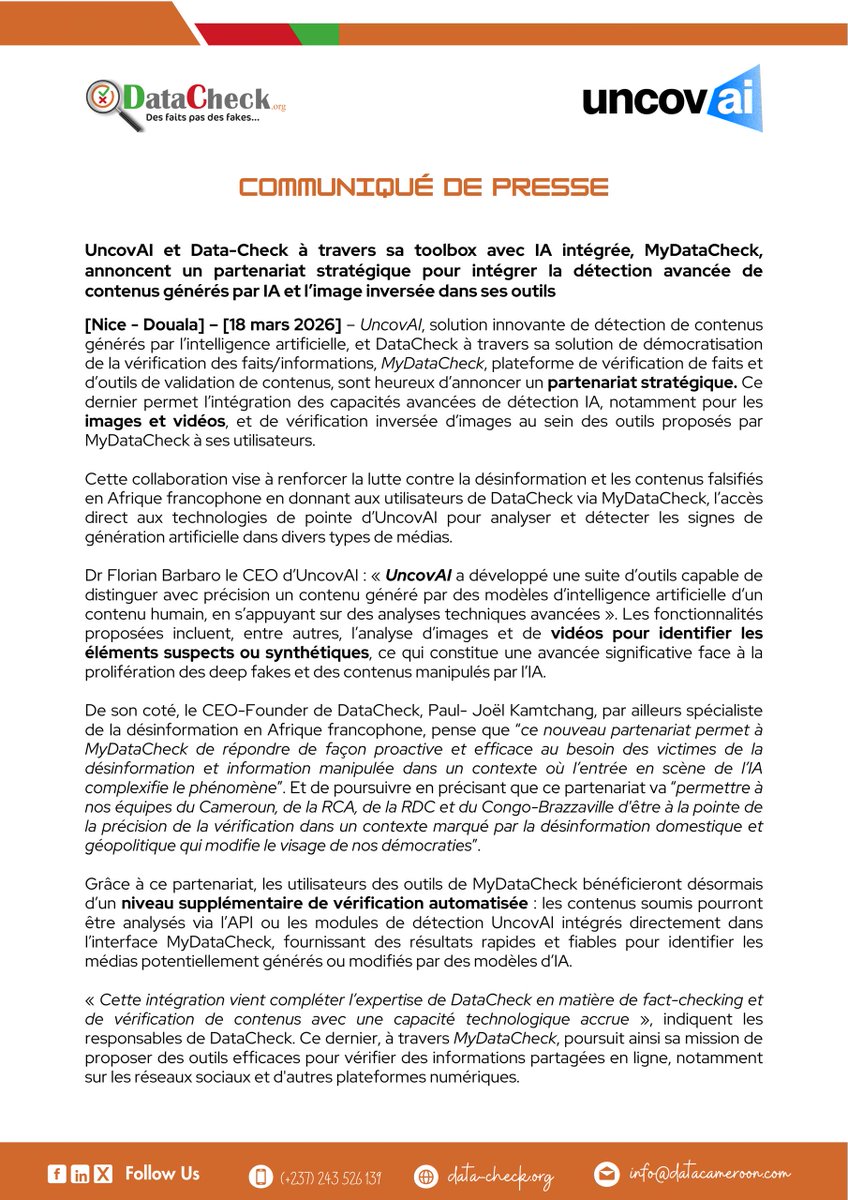 KAMTCHANG1's tweet photo. @DatacheckOrg  à travers sa solution #MyDataCheck, se dote de nouvelles #APIs pour renforcer la démocratisation de la verification de l'information. Ceci a été rendu possible grâce au soutien du projet Cameroun Media Plus mis en oeuvre au #Cameroun par @CFImedias , chef de fil du Consortium avec le financement de la #DUE du #Cameroun.

Lire le communiqué.