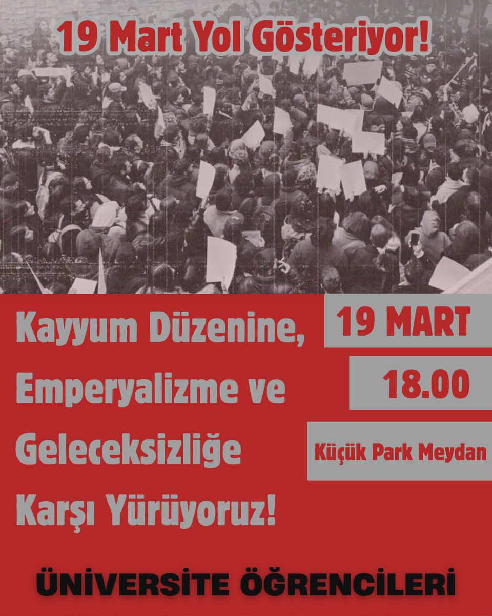 Kayyum düzenine, emperyalizme ve geleceksizliğe karşı yürüyoruz!

19 Mart Perşembe 18.00
Küçükpark Meydan