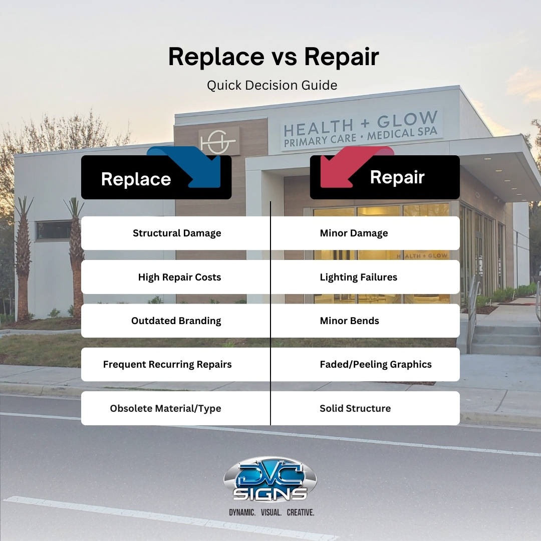 DVCSignsLargo's tweet image. Not sure if your sign needs repair or replacement? 

See our quick decision guide and get an expert assessment: dvcsigns.com/request-a-quot… 

#SignMaintenance #DVCSigns #TampaBay
