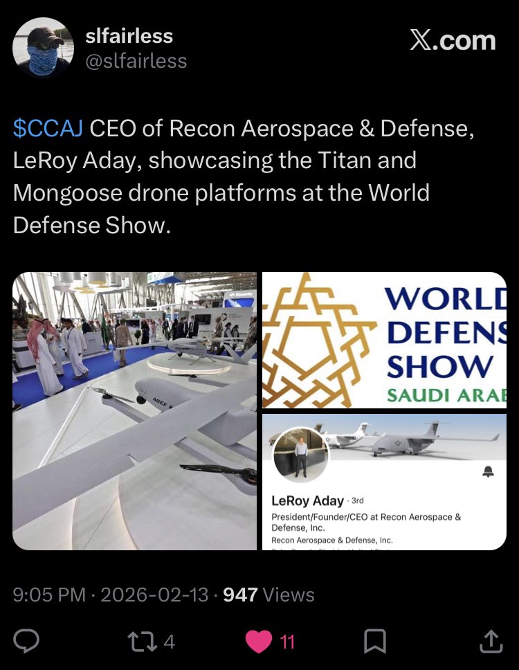Deals1Real's tweet photo. @greatstockpicks CCAJ low float 550 million trading at 0.002 can run easily like RNWF especially it is in hot sector defence and drones https://t.co/rR0xiP8C3O